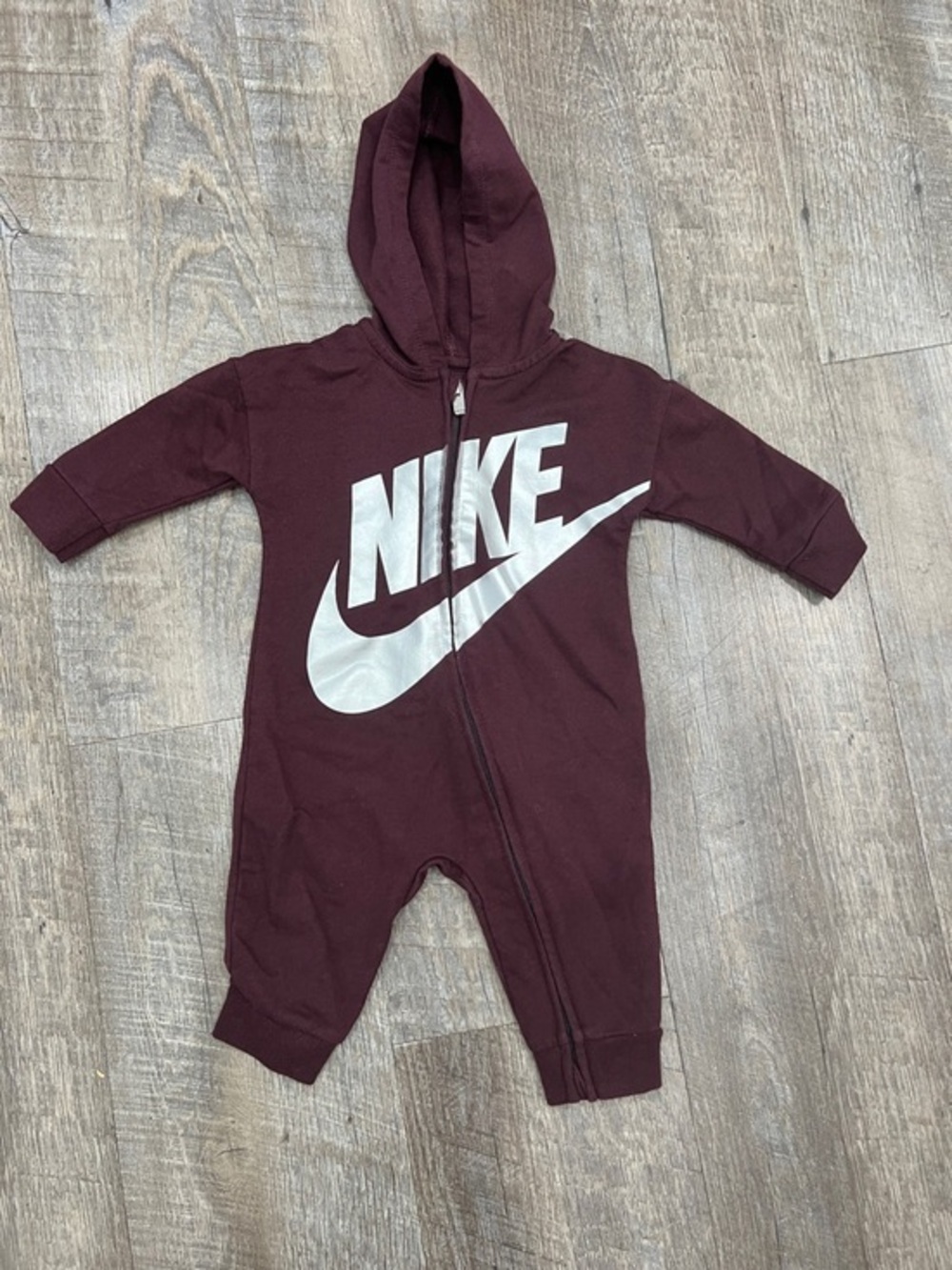 Nike Burgundy Hooded Baby One-Piece with Logo